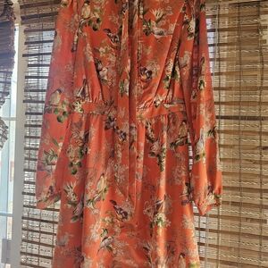 Forever 21 Orange Floral Long-Sleeve Tie-Waist Dress